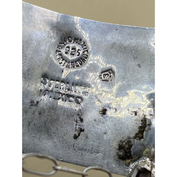 Mexico 925 Sterling Silver Crushed Turquoise Inlay Greek Key Bracelet READ